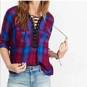 EXPRESS Lace Up Front Pockets Blue  Maroon Plaid Roll Tab Shirt